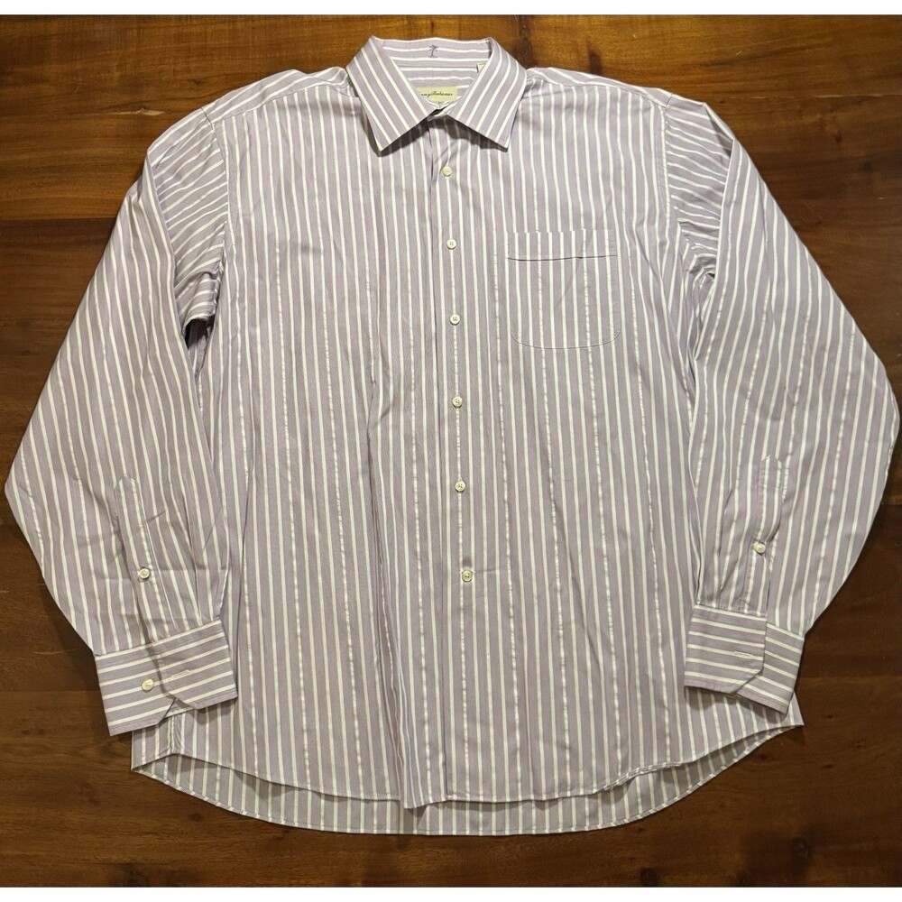Tommy Bahama Dress Shirt 17 36/37 XL Purple White Vertical Stripe Long Sleeve